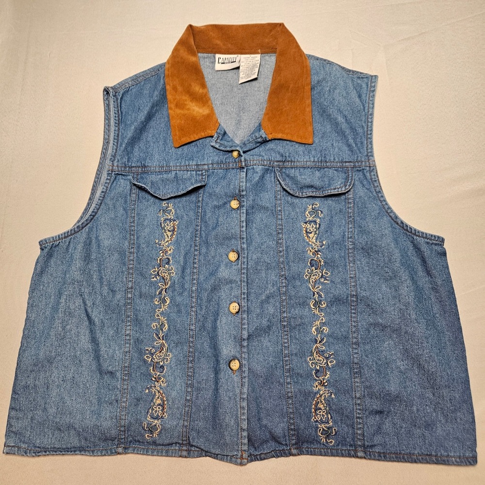 Capacity Denim Vest Womens 1X Blue Embroidered Corduroy Collar Sleeveless Button